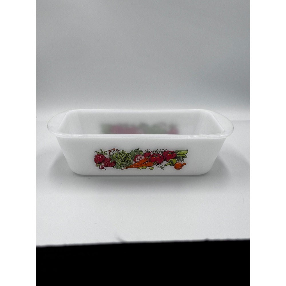 Vintage Glasbake Vegetable Pattern Loaf Pan Milk glass 1.5 Quart Made In USA